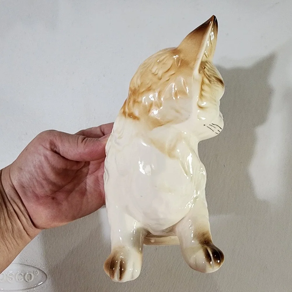 Vintage Ceramic Cat Planter Made in Japan Brown White Kitten Figurine Succulent